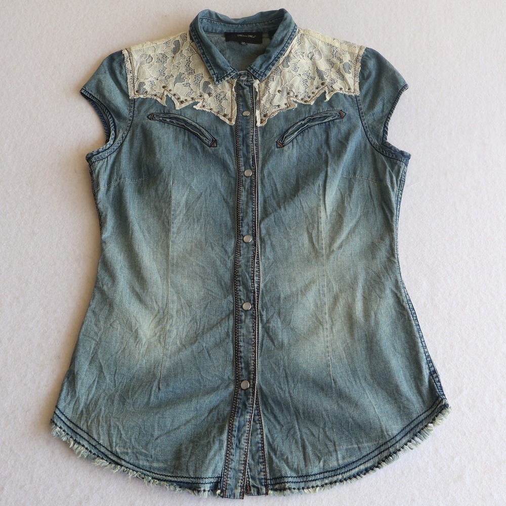 Miss Me Denim Fringe Lace Studded Western Pearl Snap Shirt Western Women's L